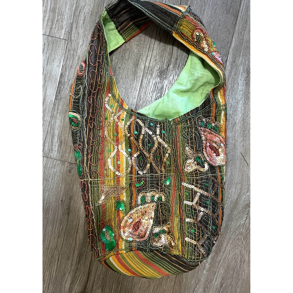 🎁 Boho Sequin Beaded Paisley Hobo Bag Olive Gold Burnt Orange Purse New - Picture 3 of 16